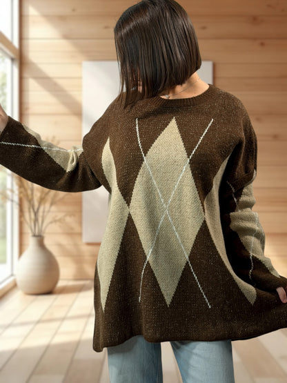 NOTTINGHAM - PULL OVERSIZE TARTAN MARRON JUSQU'A LA TAILLE 52