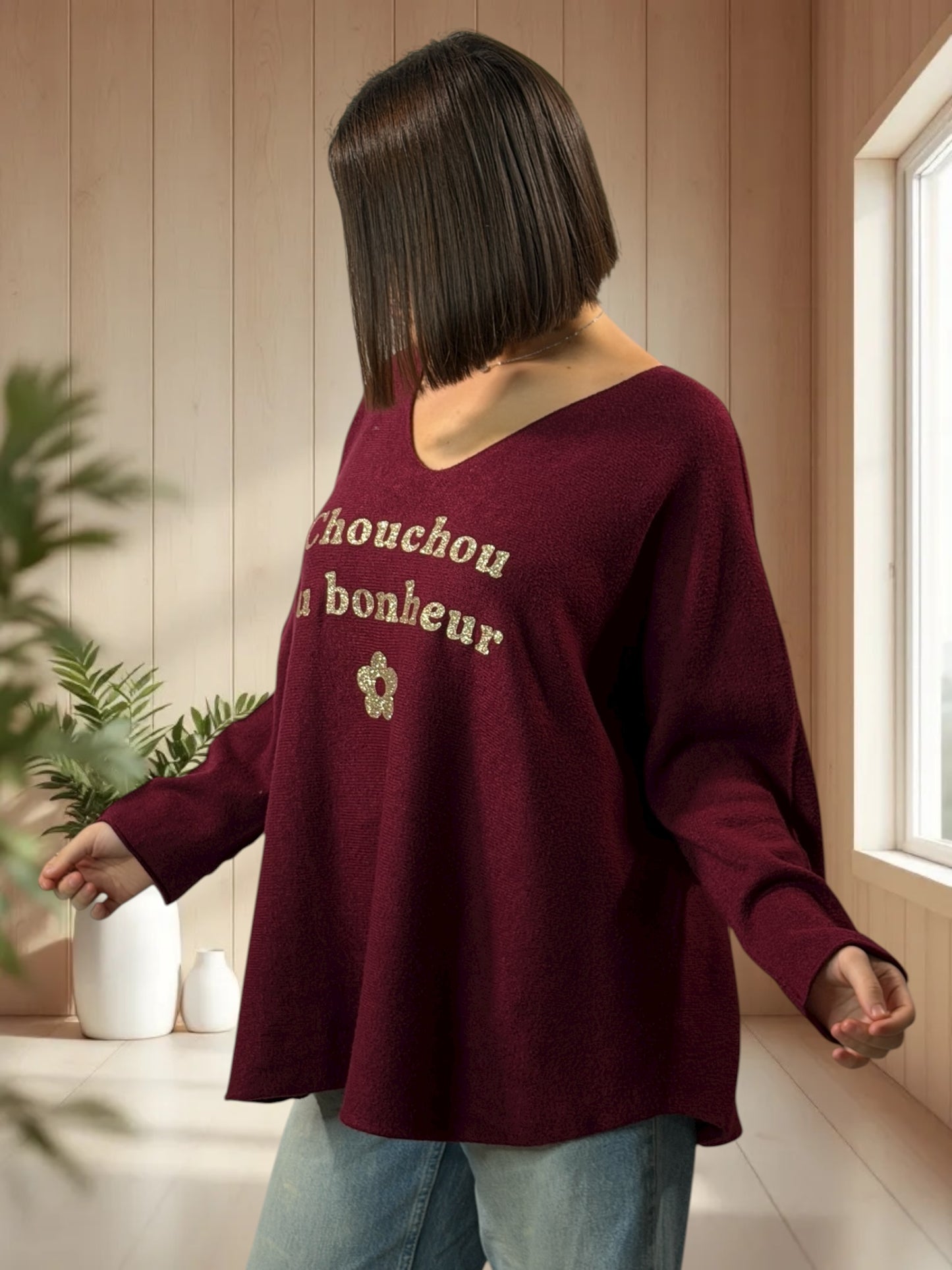 CHOUCHOU - PULL OVERSIZE BORDEAUX JUSQU'A LA TAILLE 54