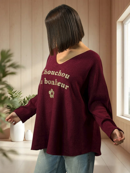 CHOUCHOU - PULL OVERSIZE BORDEAUX JUSQU'A LA TAILLE 54