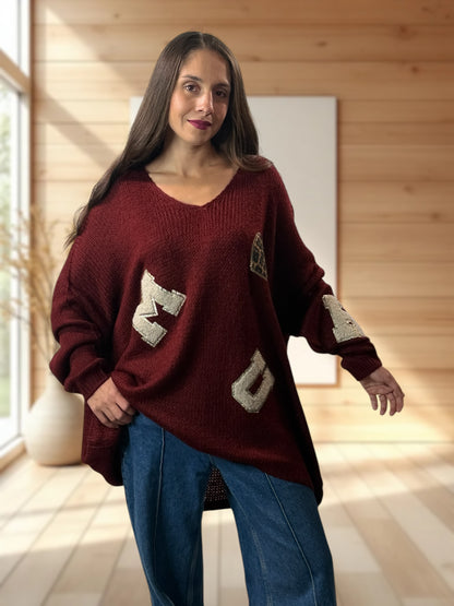 JAMES - PULL OVERSIZE BORDEAUX JUSQU'A LA TAILLE 56
