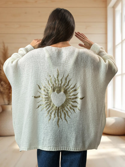 RICKOU - PULL OVERSIZE BLANC CASSE MOTIF SOLEIL JUSQU'A LA TAILLE 56