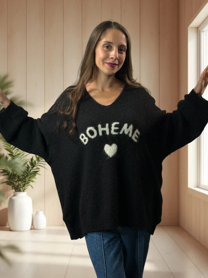 CLAUDIO - PULL NOIR LOGO BOHEME JUSQU'A LA TAILLE 54/56