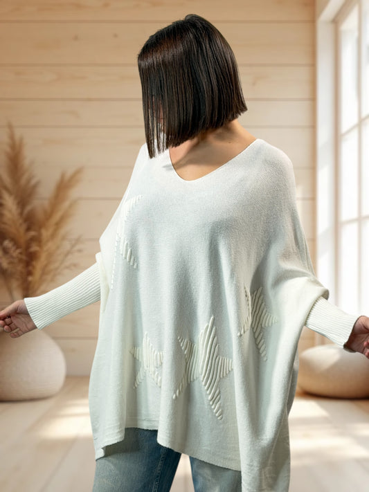 ZAZA - PULL OVERSIZE BLANC CASSE MOTIF ETOILE JUSQU'A LA TAILLE 56
