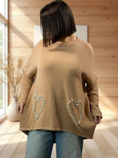 GLORIA - PULL OVERSIZE CAMEL AVEC PERLE JUSQU'A LA TAILLE 52/54