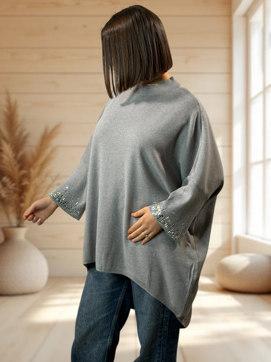 CORALINE - PULL OVERSIZE GRIS AVEC STRASS JUSQU'A LA TAILLE 56