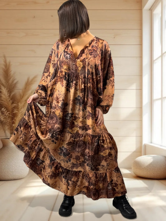 VENISE - ROBE AVEC DE LA SOIE MOTIF MARRON JUSQU'A LA TAILLE 52