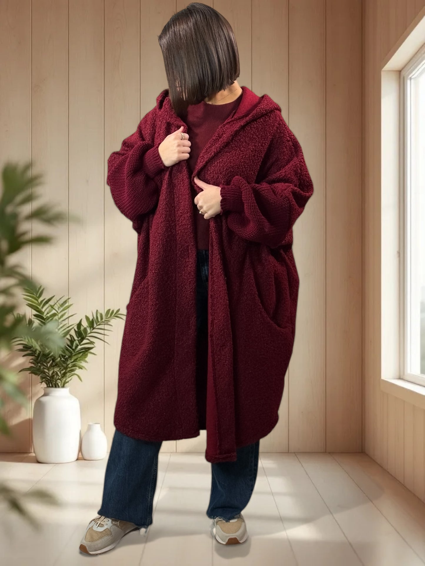 VIRGINIE - MANTEAU OVERSIZE BORDEAUX A CAPUCHE JUSQU'A LA TAILLE 54