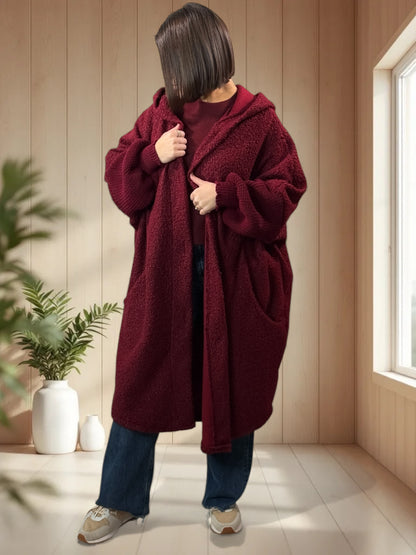 VIRGINIE - MANTEAU OVERSIZE BORDEAUX A CAPUCHE JUSQU'A LA TAILLE 54