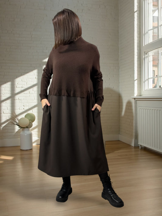 GARANCE - ROBE BI-MATIÈRE MARRON JUSQU'A LA TAILLE 48/50