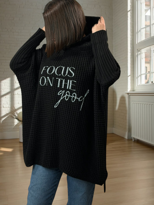 MIKA - PULL OVERSIZE NOIR AVEC CAPUCHE JUSQU'A LA TAILLE 56/58