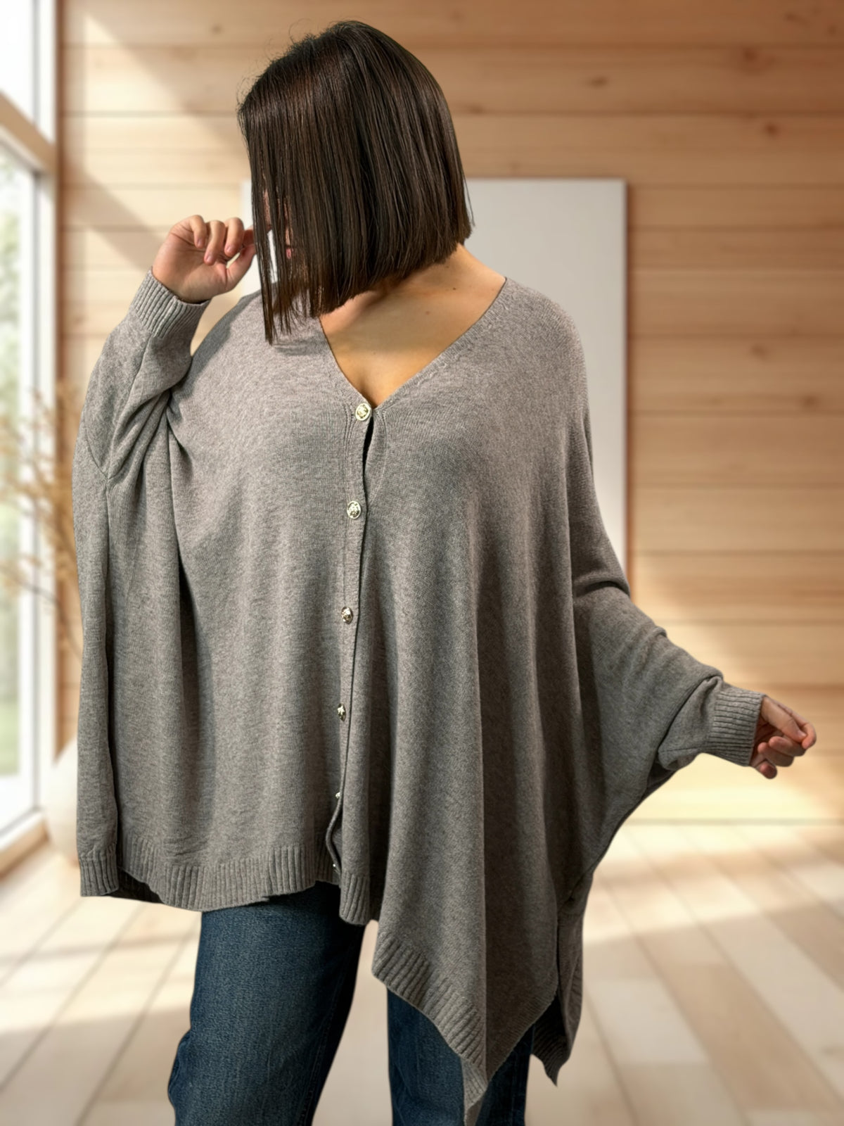 MATHILDE - GILET OVERSIZE TAUPE JUSQU'A LA TAILLE 56/58