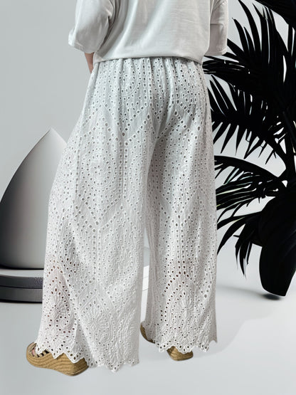 GIOVANI - PANTALON BLANC EN BRODERIE ANGLAISE JUSQU'A LA TAILLE 50/52