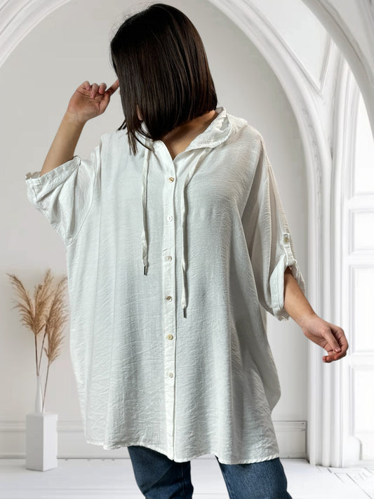 KARINE - VESTE CHEMISE BLANCHE OVERSIZE  A CAPUCHE JUSQU'A LA TAILLE 58