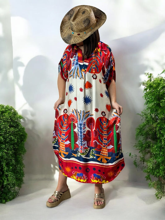 ETE INDIEN - ROBE OVERSIZE TISSUS SOYEUX A MOTIF ROUGE JUSQU'A LA TAILLE 50