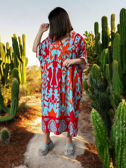 LALY - ROBE OVERSIZE MOTIF BLEU ET ROUGE JUSQU'A LA TAILLE 54