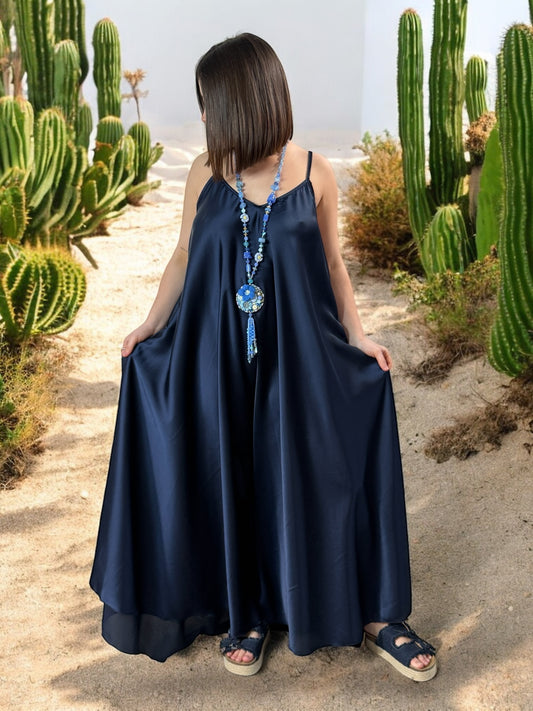 TIPHAINE - ROBE AMPLE FLUIDE MARINE JUSQU'A LA TAILLE 50/52