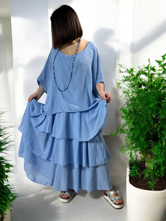 ADRIANA - ROBE BLEUE CIEL A VOLANT JUSQU'A LA TAILLE 50