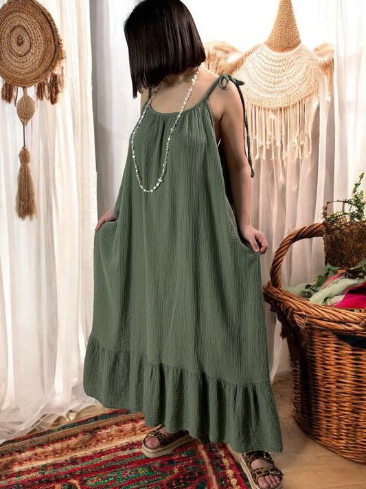 ANNABELLE - ROBE KAKI VOLANT AU DOS JUSQU'A LA TAILLE 52/54