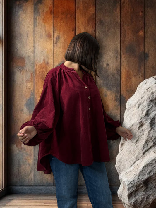 ALICIA - BLOUSE BORDEAUX EN VELOURS MILLERAIES OVERSIZE JUSQU'A LA TAILLE 56