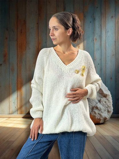 MATTEO - PULL BLANC CASSE AVEC MOHAIR JUSQU'A LA TAILLE 54