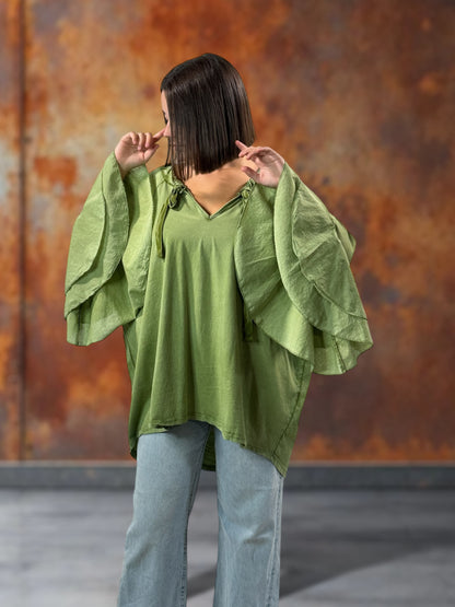 EMILIE - BLOUSE VERTE EN COTON OVERSIZE JUSQU'A LA TAILLE 52
