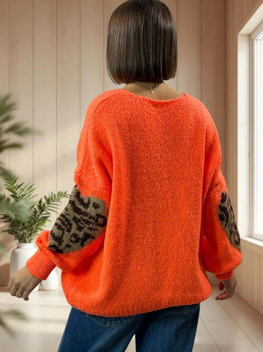 AMBER - PULL ORANGE COEUR LEOPARD JUSQU'A LA TAILLE 50/52