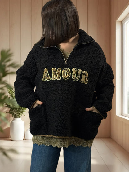 DOUDOU - PULL OVERSIZE NOIR LOGO AMOUR LEOPARD JUSQU'A LA TAILLE 48