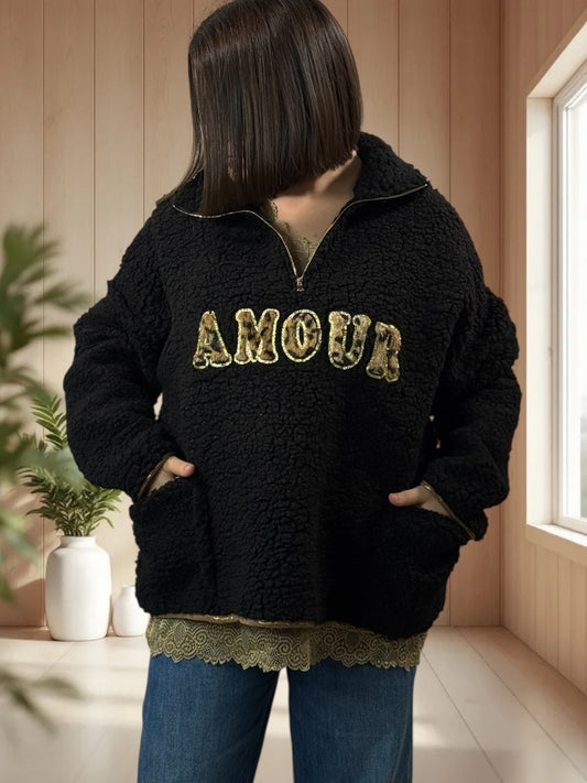 DOUDOU - PULL OVERSIZE NOIR LOGO AMOUR LEOPARD JUSQU'A LA TAILLE 48