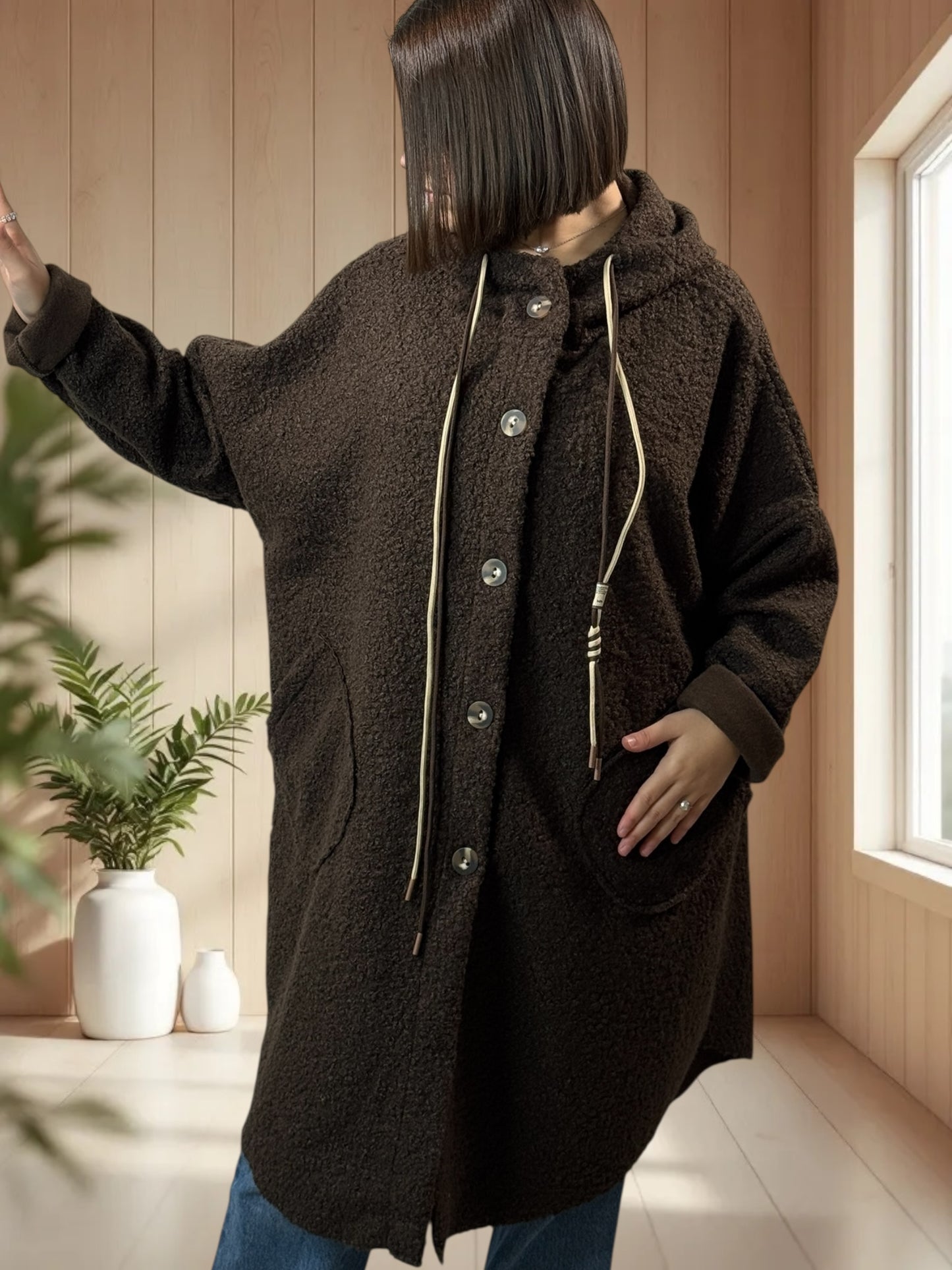 CAPRICE - VESTE OVERSIZE MARRON A CAPUCHE JUSQU'A LA TAILLE 54