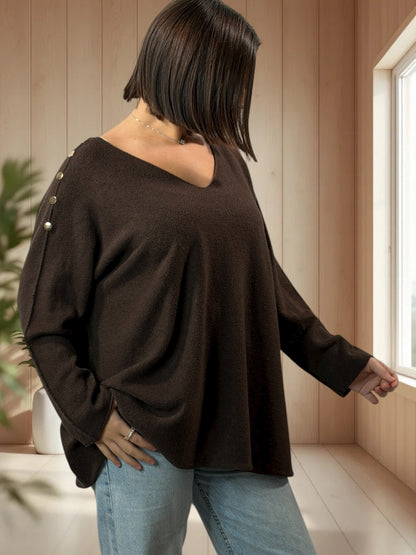 DONNA - PULL OVERSIZE MARRON AVEC BOUTONS DORES JUSQU'A LA TAILLE 52