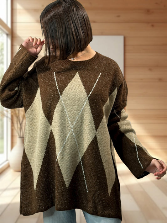 NOTTINGHAM - PULL OVERSIZE TARTAN MARRON JUSQU'A LA TAILLE 52