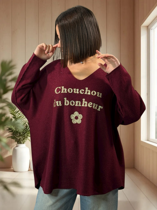 CHOUCHOU - PULL OVERSIZE BORDEAUX JUSQU'A LA TAILLE 54
