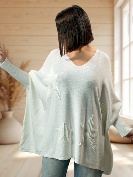 ZAZA - PULL OVERSIZE BLANC CASSE MOTIF ETOILE JUSQU'A LA TAILLE 56