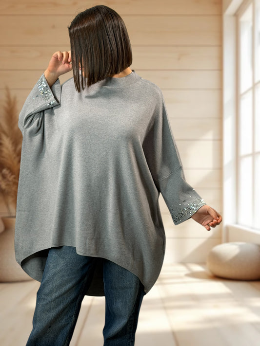 CORALINE - PULL OVERSIZE GRIS AVEC STRASS JUSQU'A LA TAILLE 56