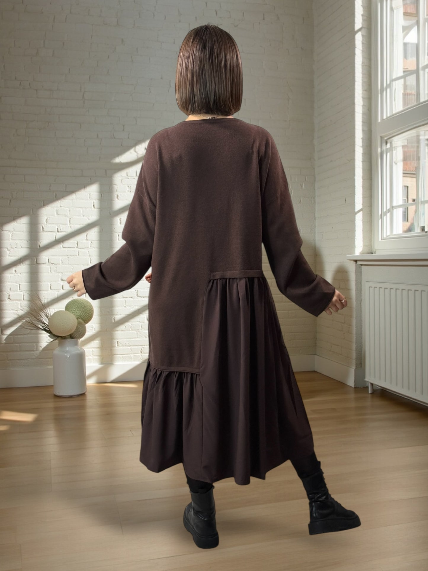 HELENA - ROBE BI-MATIÈRE MARRON JUSQU'A LA TAILLE 52