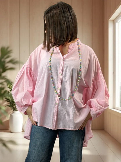 MADDY  - BLOUSE ROSE EN COTON JUSQU'A LA TAILLE 50/52