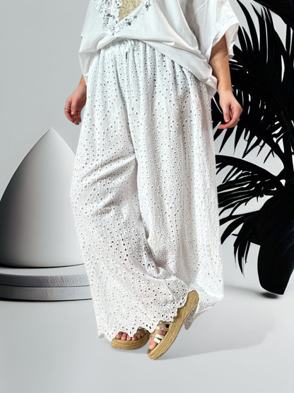 GIOVANI - PANTALON BLANC EN BRODERIE ANGLAISE JUSQU'A LA TAILLE 50/52