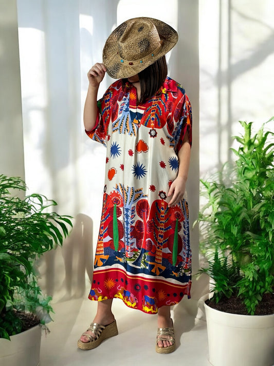 ETE INDIEN - ROBE OVERSIZE TISSUS SOYEUX A MOTIF ROUGE JUSQU'A LA TAILLE 50
