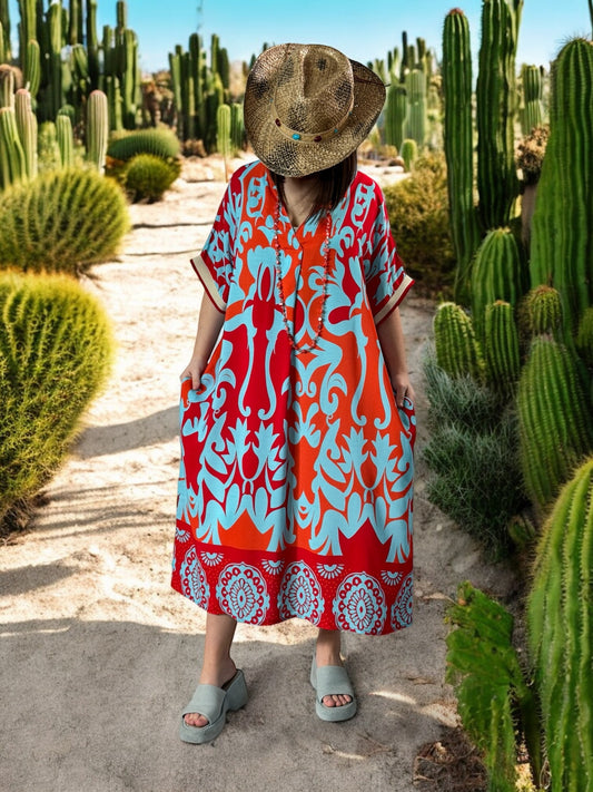 LALY - ROBE OVERSIZE MOTIF BLEU ET ROUGE JUSQU'A LA TAILLE 54