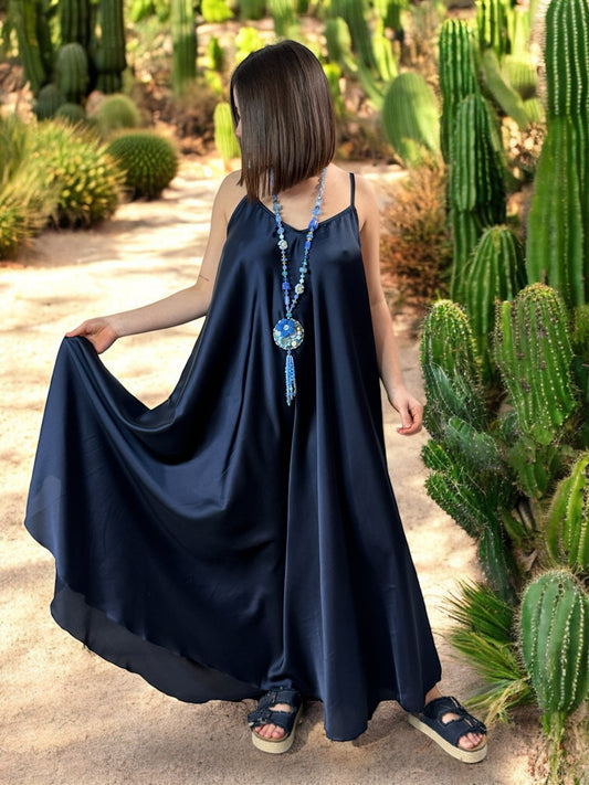 TIPHAINE - ROBE AMPLE FLUIDE MARINE JUSQU'A LA TAILLE 50/52