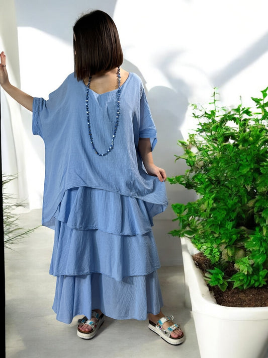 ADRIANA - ROBE BLEUE CIEL A VOLANT JUSQU'A LA TAILLE 50