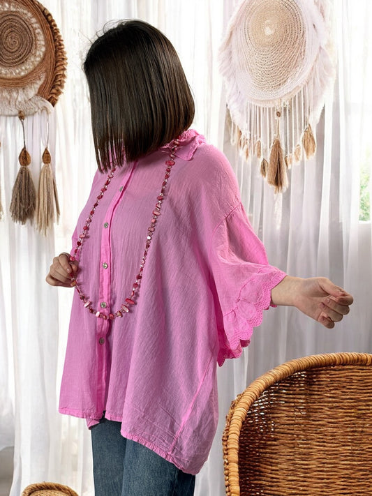 ANASTASIA - BLOUSE OVERSIZE ROSE EN COTON JUSQU'A LA TAILLE 52/54