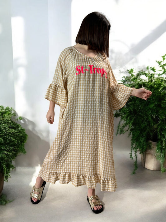 ST TROPEZ - ROBE VICHY CAMEL JUSQU'A LA TAILLE 52
