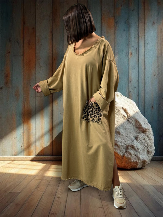 SALOME - ROBE OVERSIZE CAMEL  POCHE LEOPARD JUSQU'A LA TAILLE 58