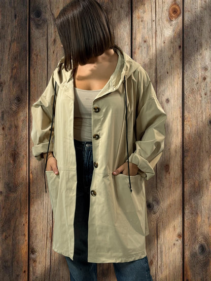 DORIAN - VESTE TRENCH BEIGE OVERSIZE A CAPUCHE JUSQU'A LA TAILLE 56