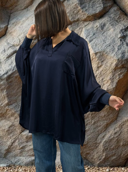 MONICA - TUNIQUE MARINE OVERSIZE ASPECT SOIE JUSQU'A LA TAILLE 56