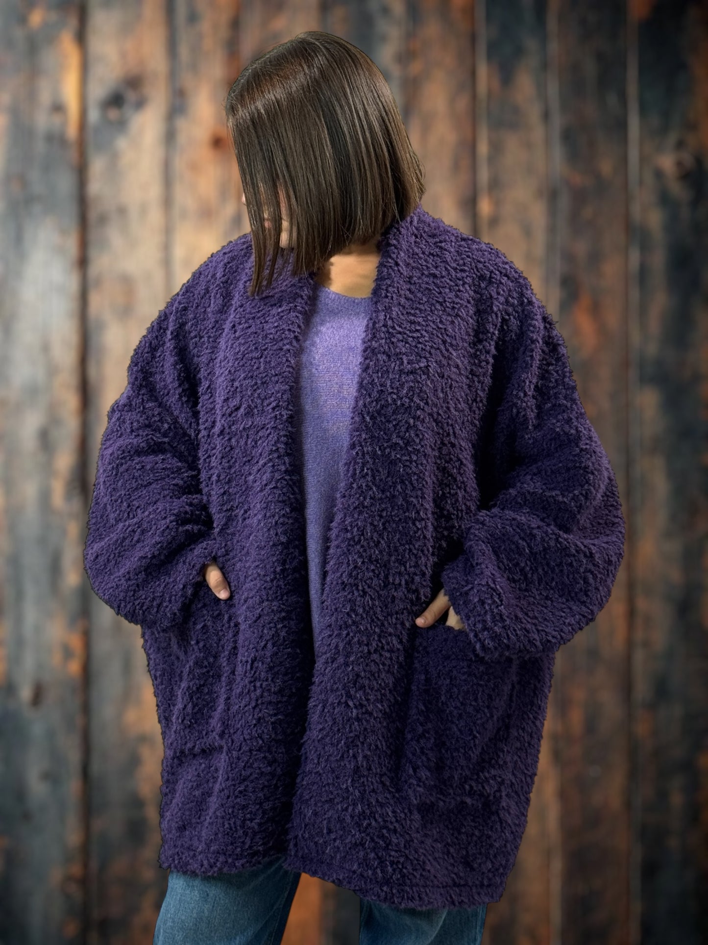 LILIROSE - VESTE OVERSIZE VIOLETTE EN MOUMOUTE JUSQU'A LA TAILLE 56/58