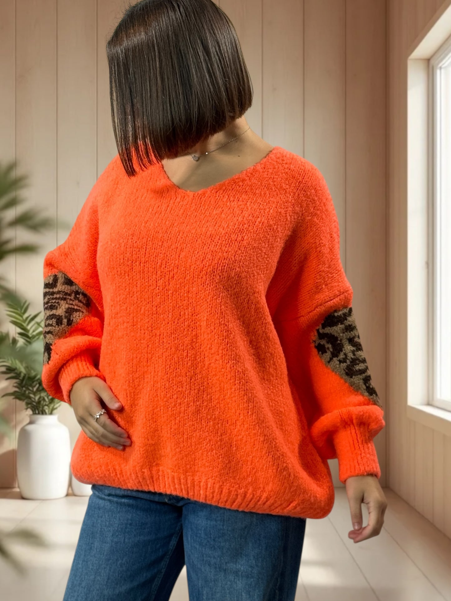 AMBER - PULL ORANGE COEUR LEOPARD JUSQU'A LA TAILLE 50/52