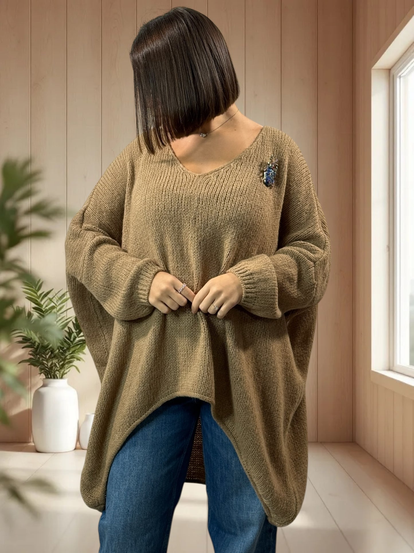 JULIA- PULL OVERSIZE CAMEL JUSQU'A LA TAILLE 56/58