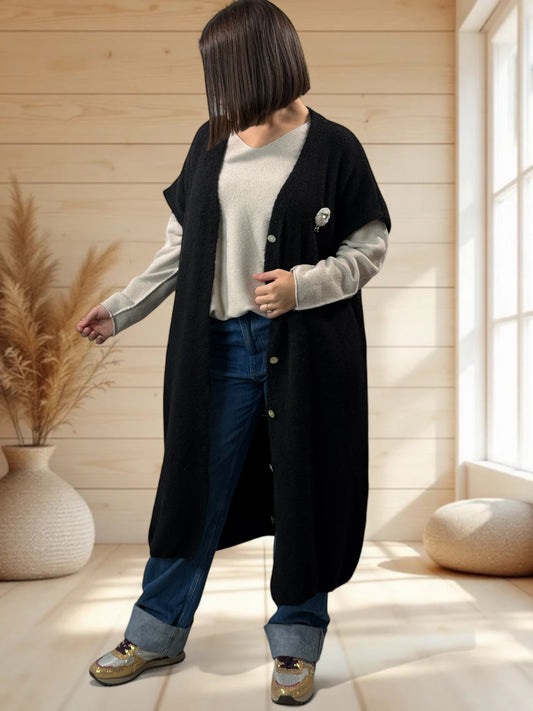 UGO - LONG GILET OVERSIZE NOIR JUSQU'A LA TAILLE 56/58